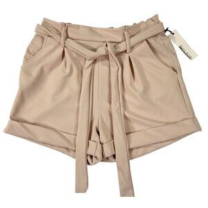 NWT HAUTE MONDE Pink High Waist Paperbag Shorts Elastic Waist Belt Sz M Cuffed
